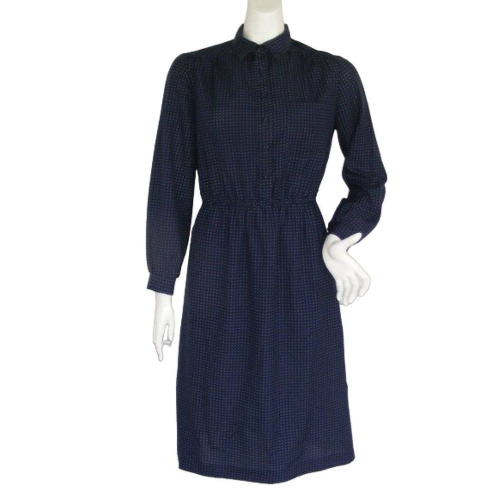 LANVIN Shirt Dress, Vintage 8, Navy Blue/White Polka Dots, Long sleeve, Pocket